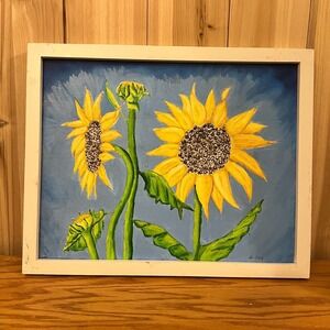 Hand Painted Sunflower Art Framed Canvas 15x18 Signed Original Wall Decor